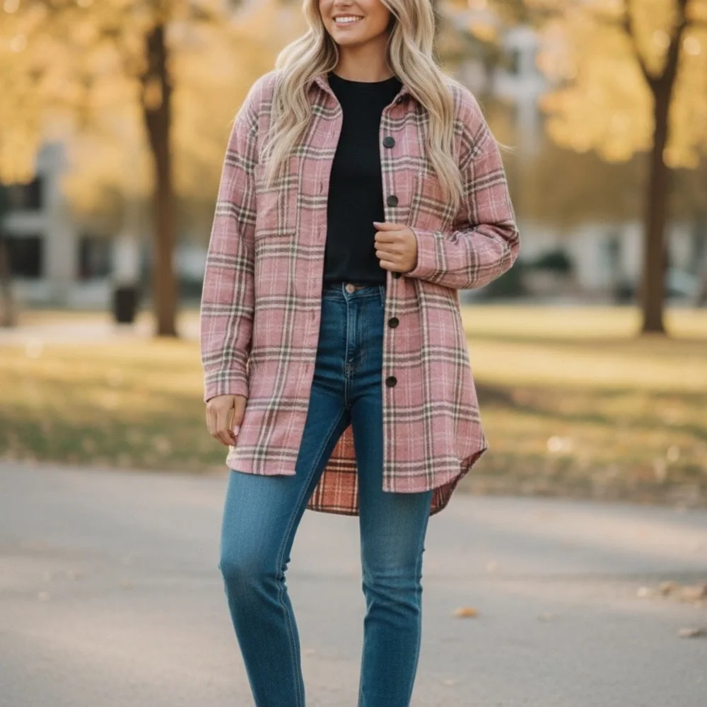 Yakita Womens Plaid Flannel Shirt Jacket Pink Button Down NWT Small - Picture 7 of 11